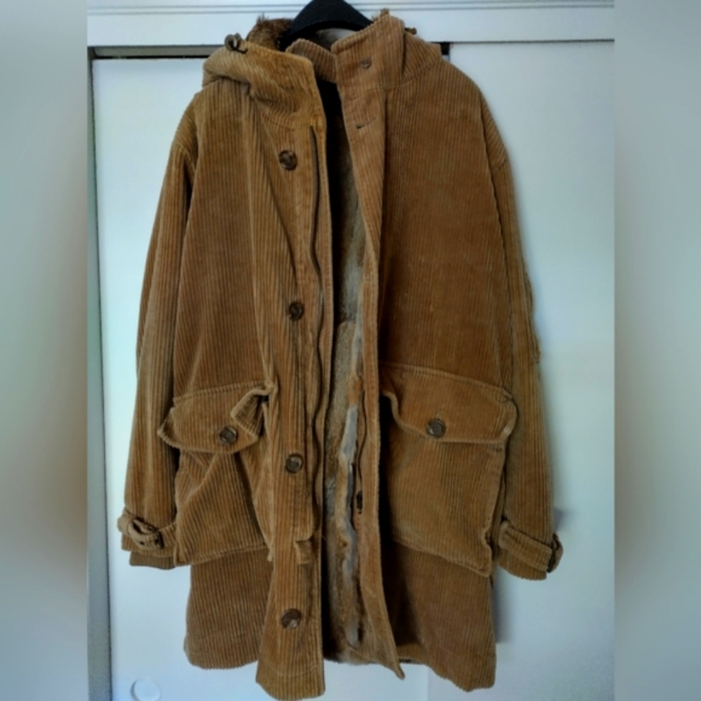 Burberry London Corduroy Rabbit Fur Lined Hooded Field Coat